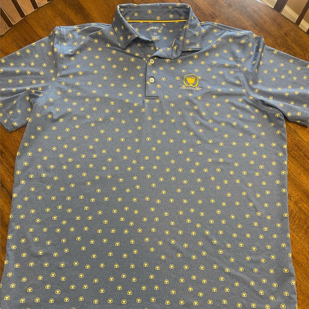 johnnie-O Presidents Cup Blue Polo with Yellow Cup Pattern